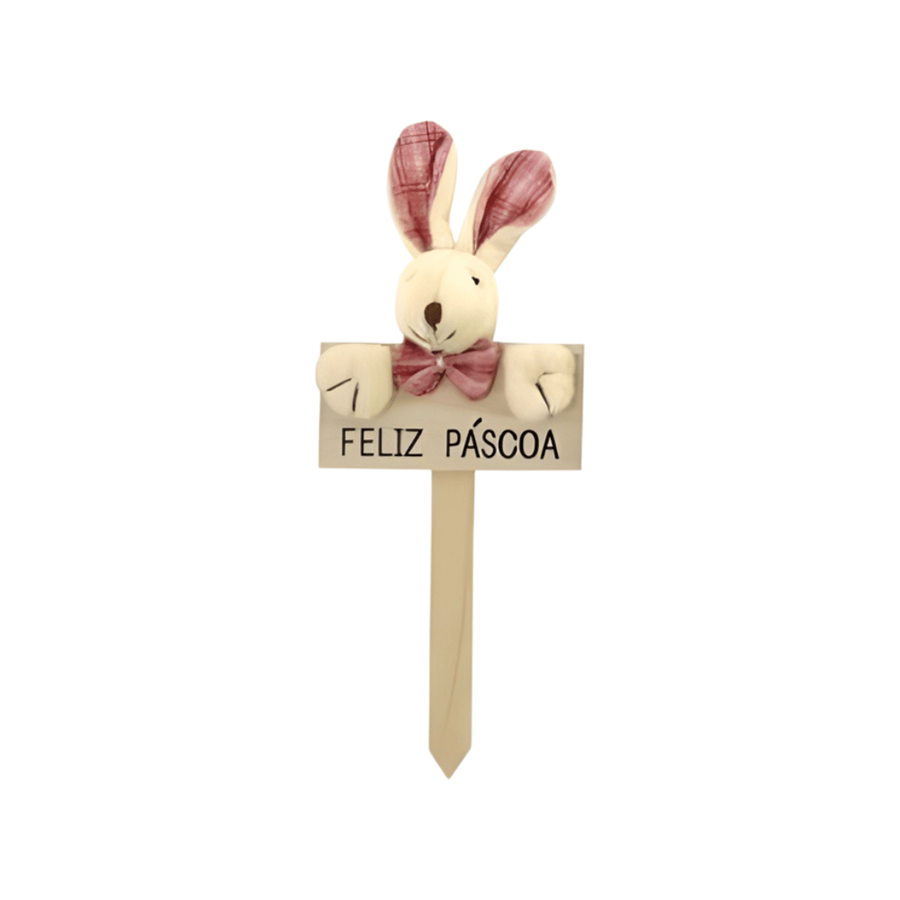 PLACA FELIZ PÁSCOA C/COELHO ROSA 10X24CM